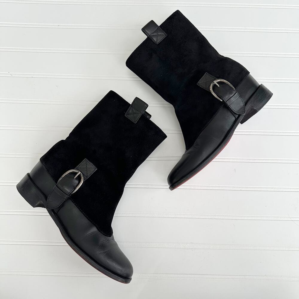 Christian Louboutin Boots Moto Riding Black Suede Leather Cozak Buckle 36.5